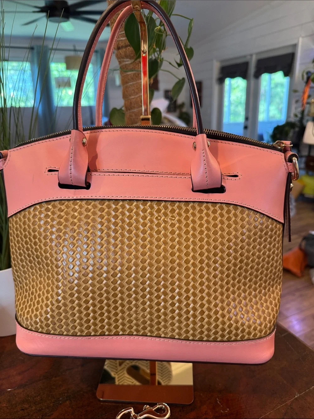 Dooney & Bourke Beacon Woven Embossed Leather Satchel/Crossbody with Pink Trim